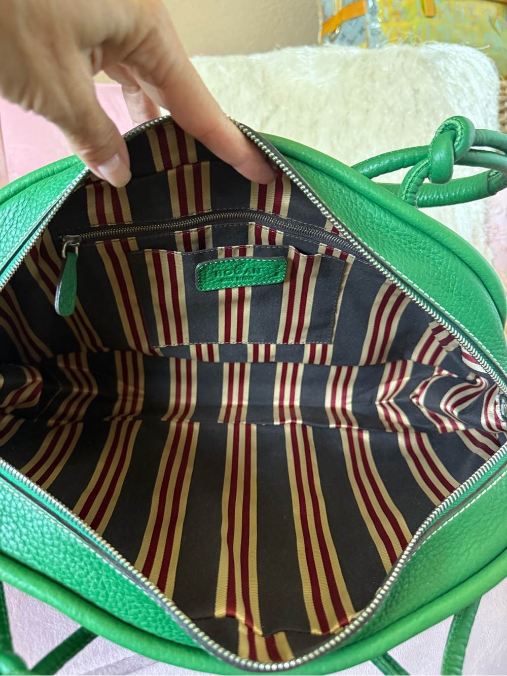 HOGAN Kelly Green Leather Dome Satchel Bag w Knots &Loop Details Silver Hardware - Picture 7 of 16